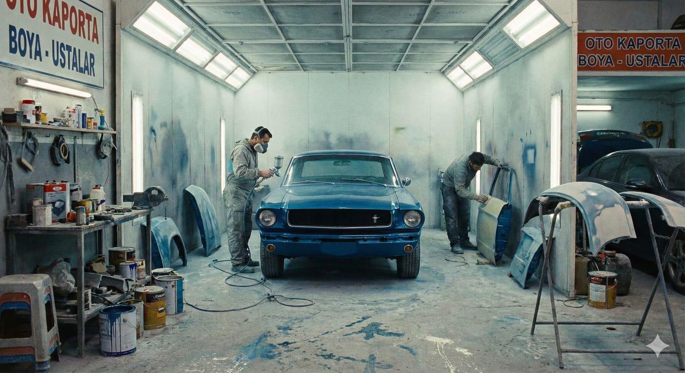 Oto kaporta boya ustaları çalışırken